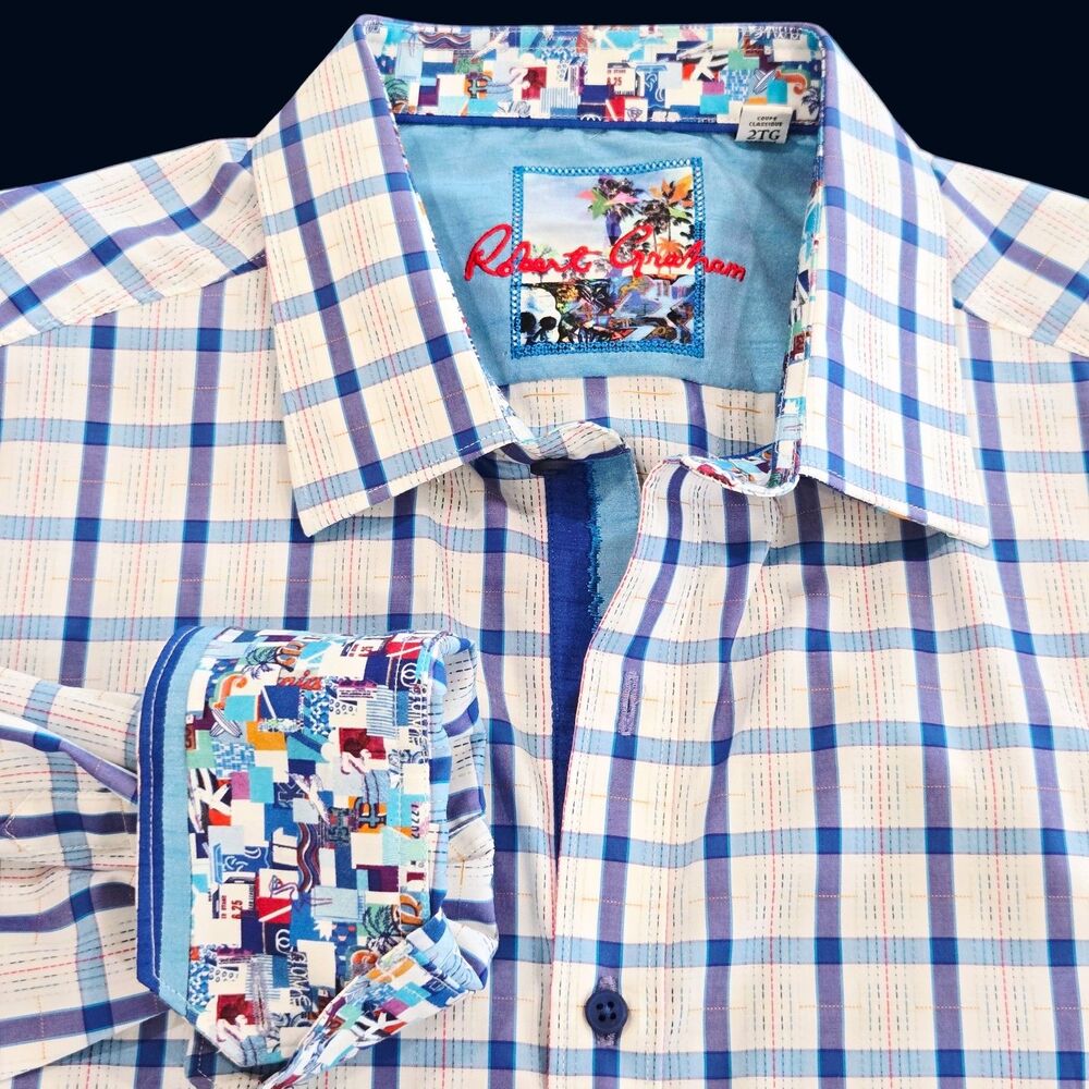 Robert Graham 2XL‎ Mens Shirt White Blue Windowpane Plaid Colorful Flip Cuff EUC